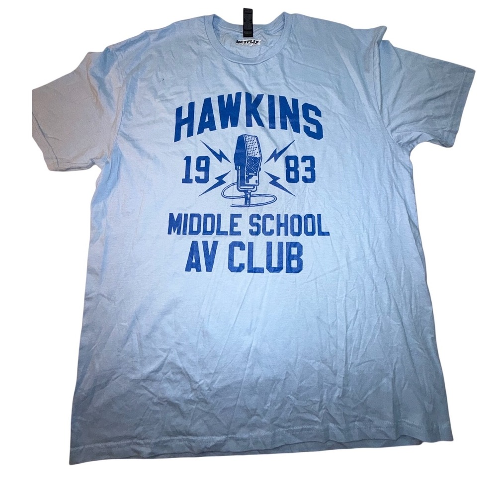 Netflix Stranger Things 1983 Hawkins Middle School AV Club T-Shirt Blue XL